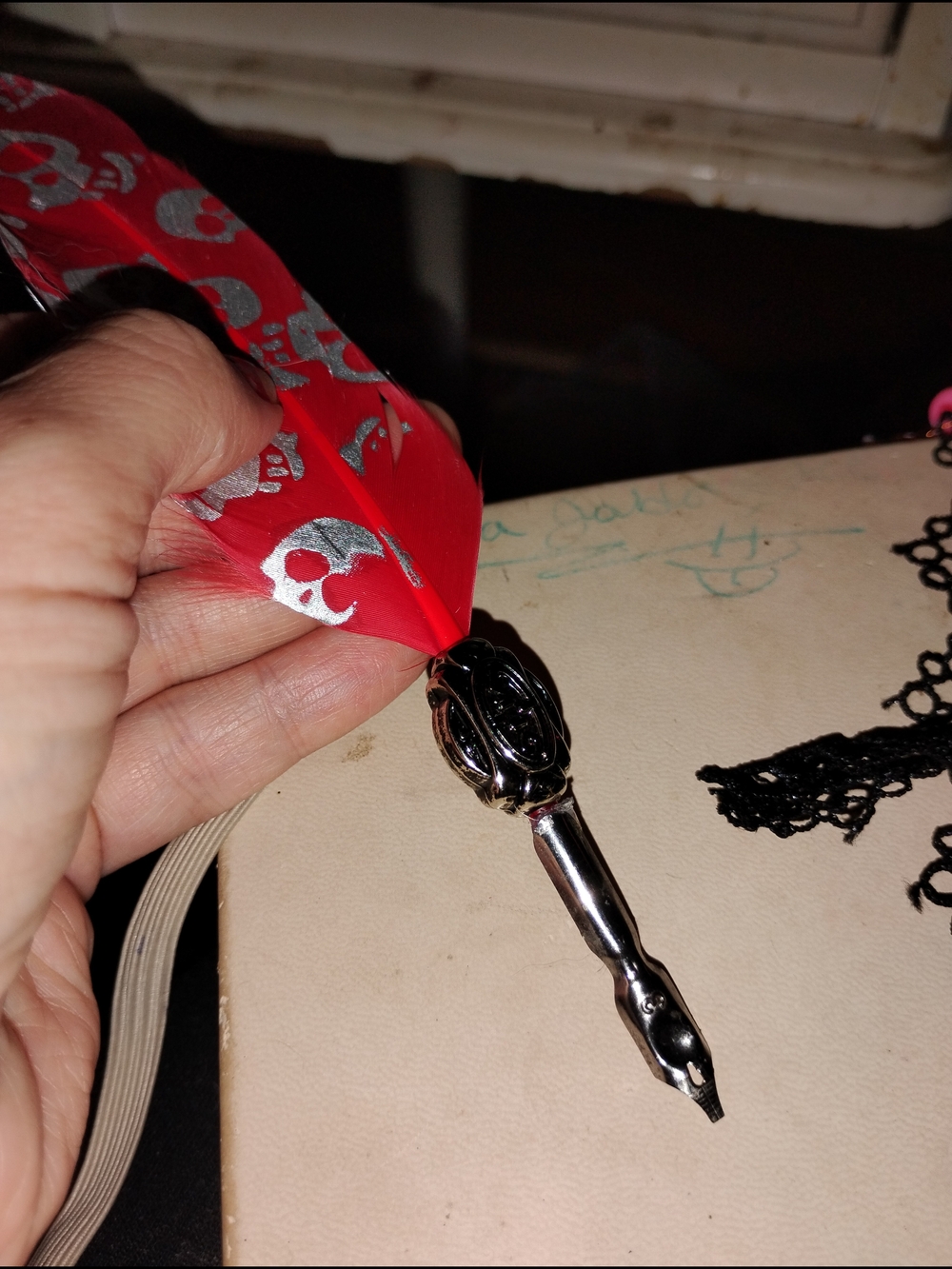 Feather Dip Pen in Red and Silver - Elegant Writing Accessory